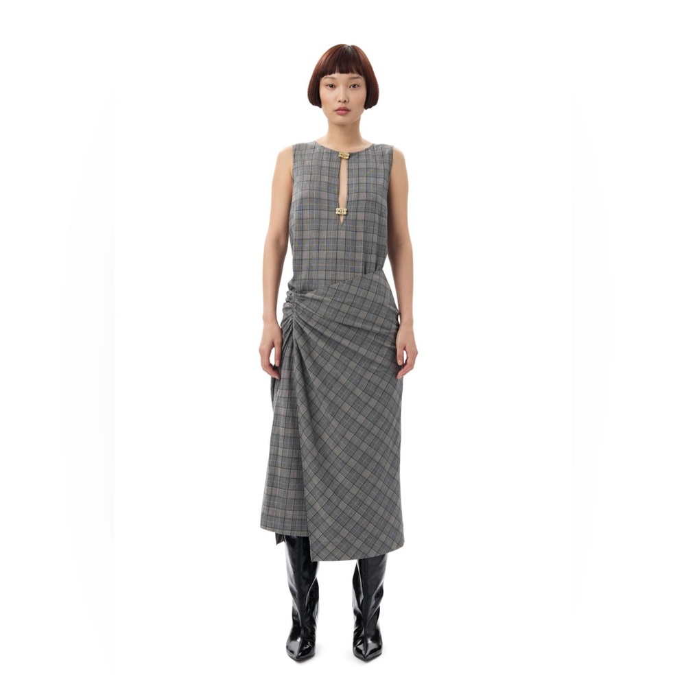GANNI X PALOMA ELSESSER CHECK MIX SLEEVELESS LAYER DRESS